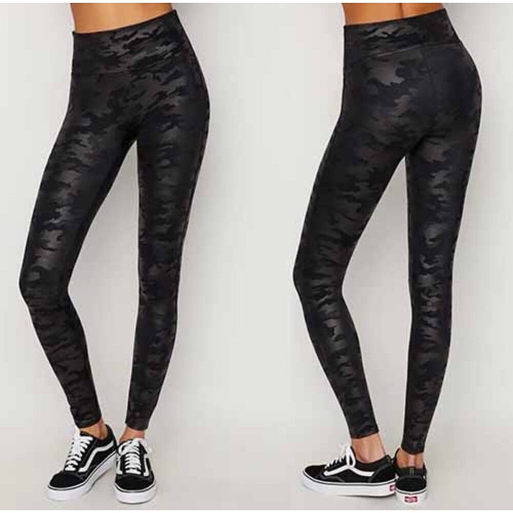 Spanx Faux Leather Camo High Waisted Leggings Women's Matte Black Sz M MSRP $110